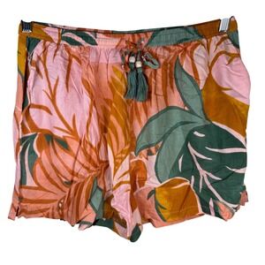 True Destinations Resortwear Tropical Palm Shorts Women Medium Pink Green Tassel